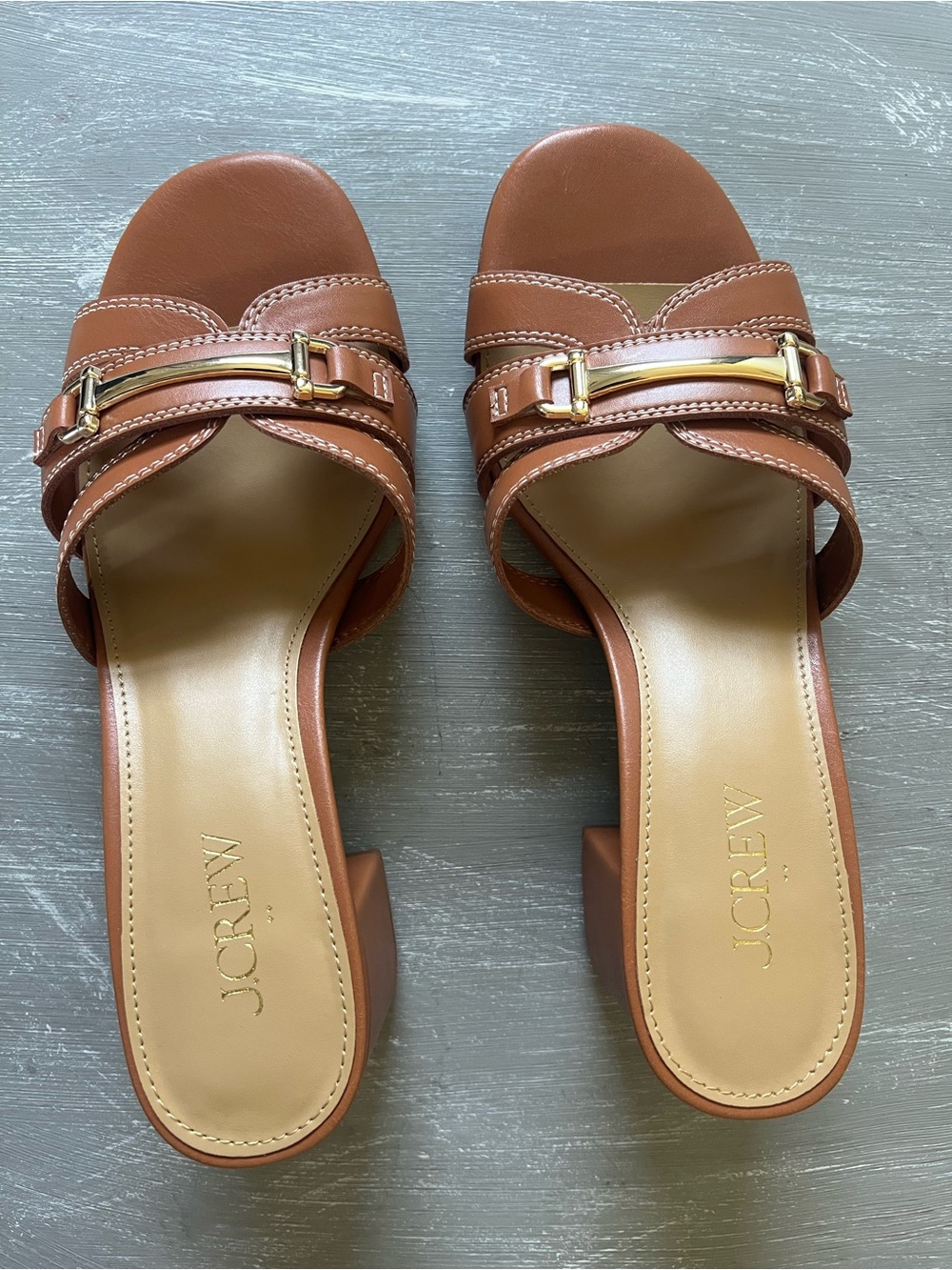 J.Crew NIB Cognac Leather Block Heel Mule Sandals Gold Horsebit Women’s Size 7 - Picture 9 of 11